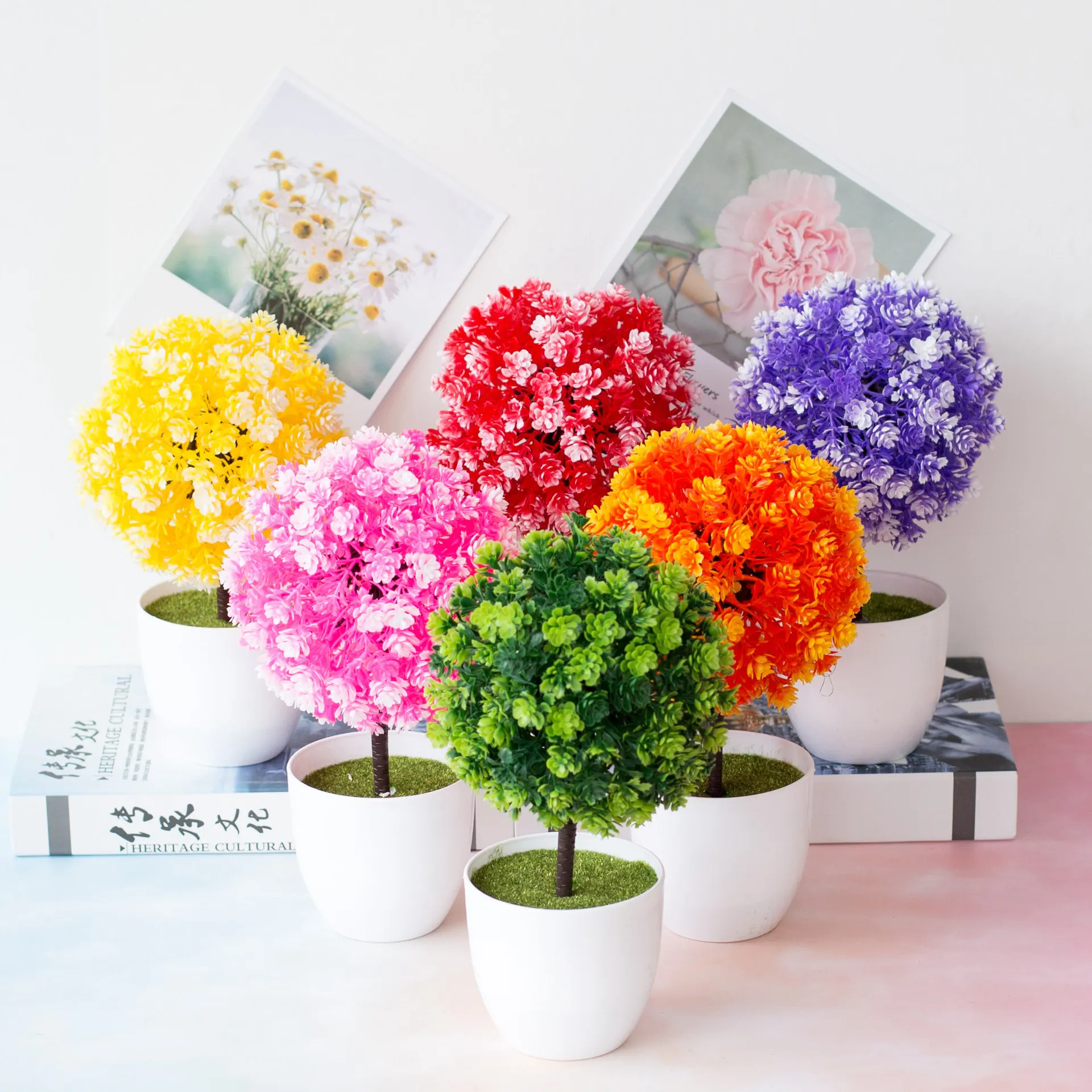 

1pc Artificial Potted Blossom Bonsai Festival Artificial Potted Ornament Topiary Ball Shape Bonsai Fake Plant Home Garden Decor