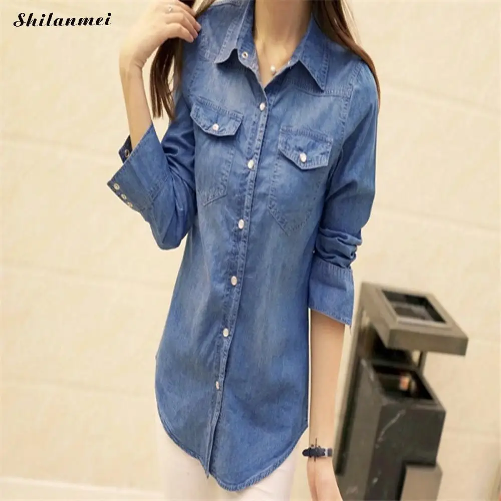 Plus Size Womens Denim Shirts And Blouses Long Sleeve Snap Button