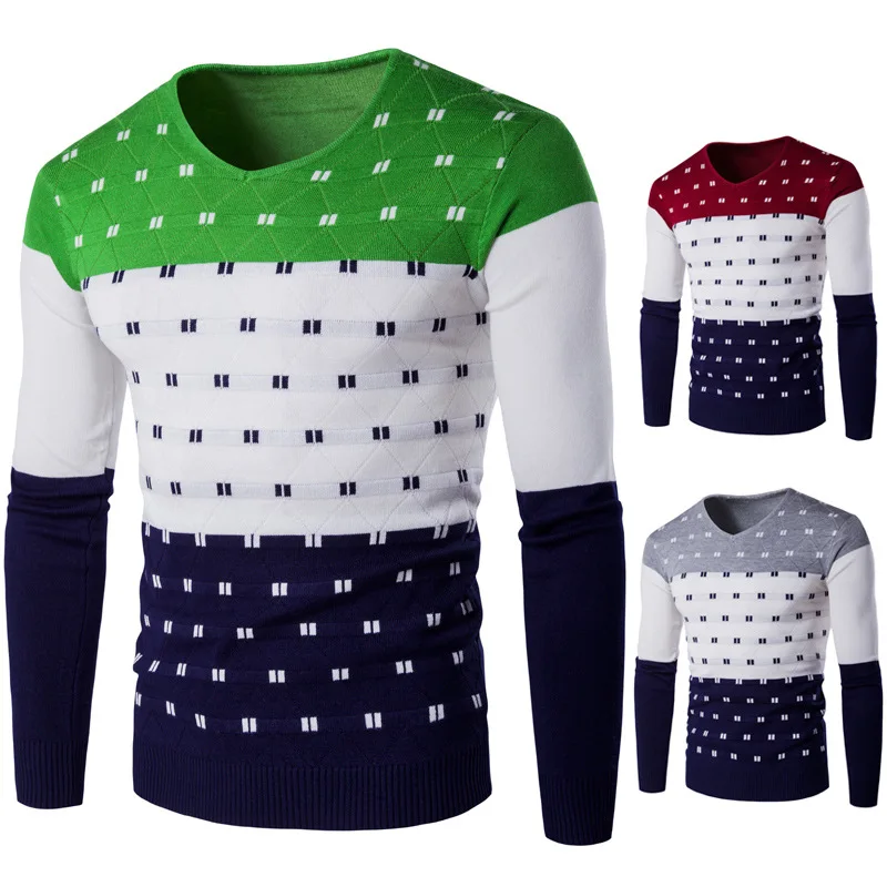 Настоящие прямые продажи Лоскутные Повседневные пуловеры с v-образным вырезом зимний теплый мужской свитер
