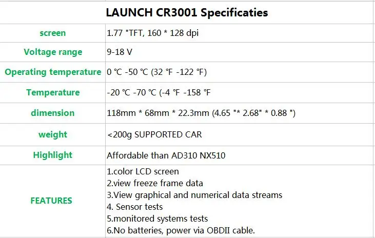 LAUNCH X431 CR3001 OBD2 сканер считывания и очистки кода 3001 ODB2 считыватель кодов OBD2 OBD2 автомобильный диагностический инструмент PK ELM 327 ELM327 V1.5