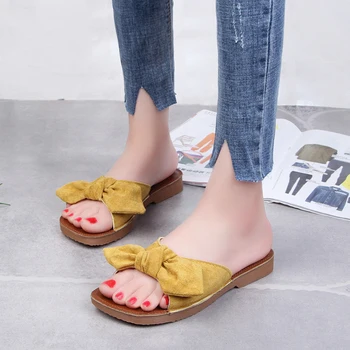 

New 2018 solid women sandals summer slippers flip flops Soft Leather flat sandals ladies slip on flats bow-knot shoes woman cute