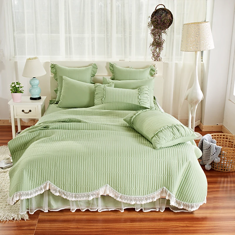 

4Pcs Luxury Cotton Lace Throw Blanket Bedspread King/Queen size Pink/Green Princess Girls Bed skirt Bedsheet Pillowcase