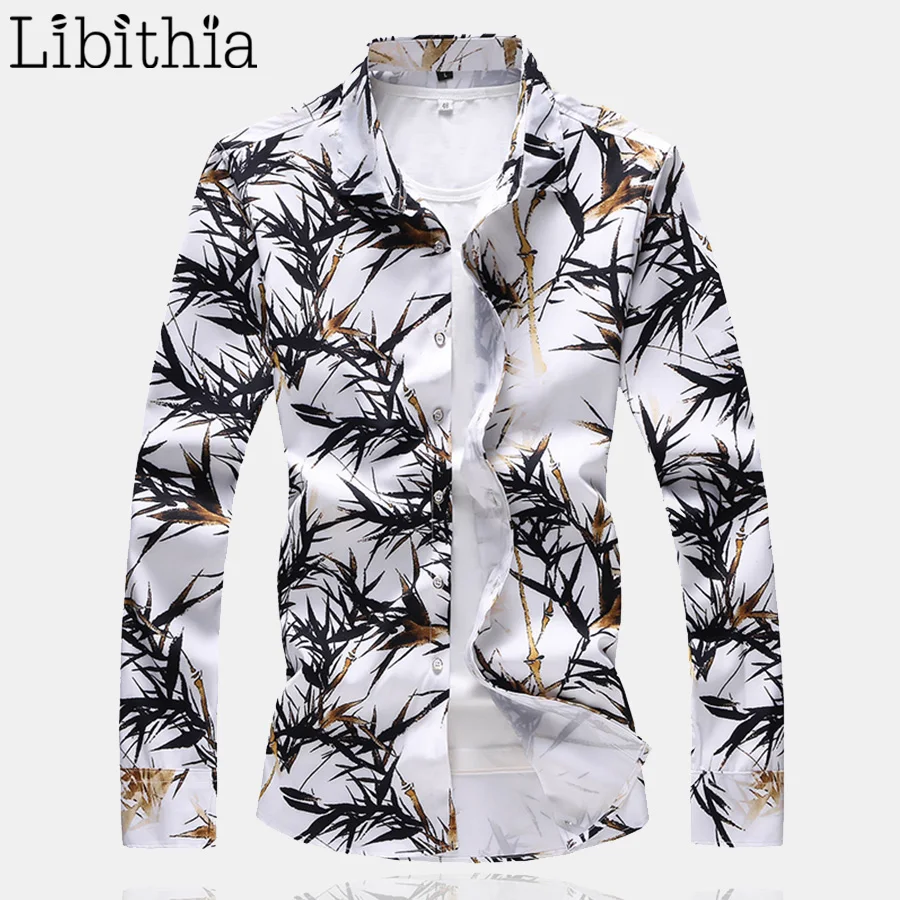 Buy White Men's Bamboo Print Dress Shirts Big Size M