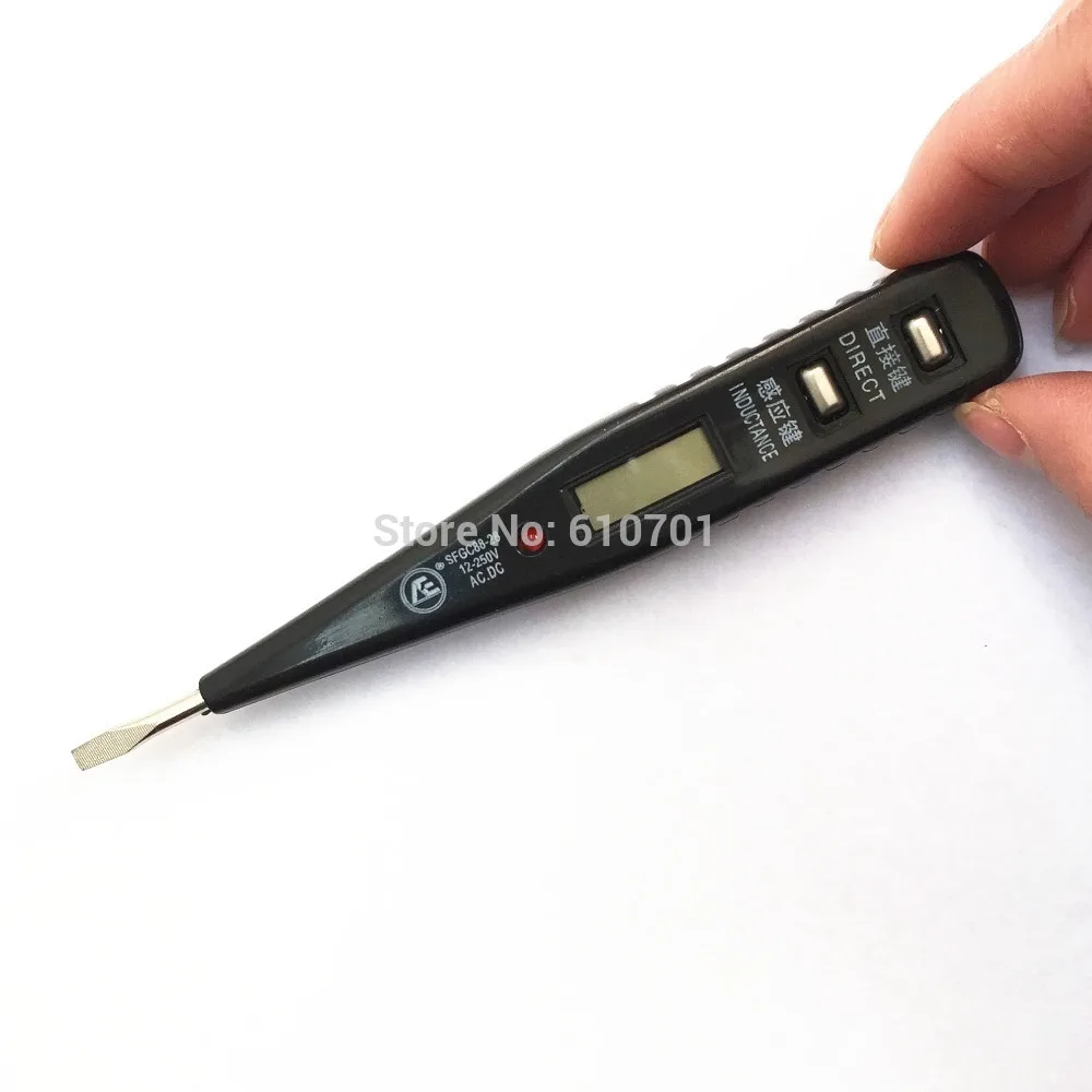 Black Handle 12V 250V AC DC LCD Voltage Detector Electric Pen Tester Electroprobe Slotted Screwdriver Built