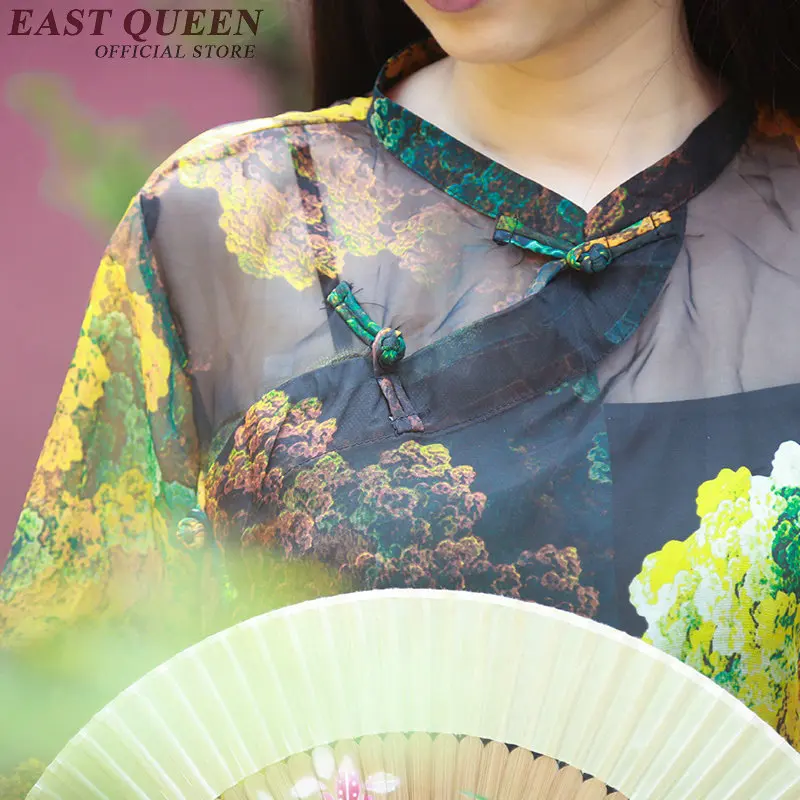 floral print cheongsam top Chinese traditional women linen clothing top vintage dress 50s qipao blouse KK284 Q