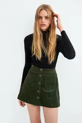 Модные женские сплошного цвета с кнопками оливково-зеленый юбка Вельветовая