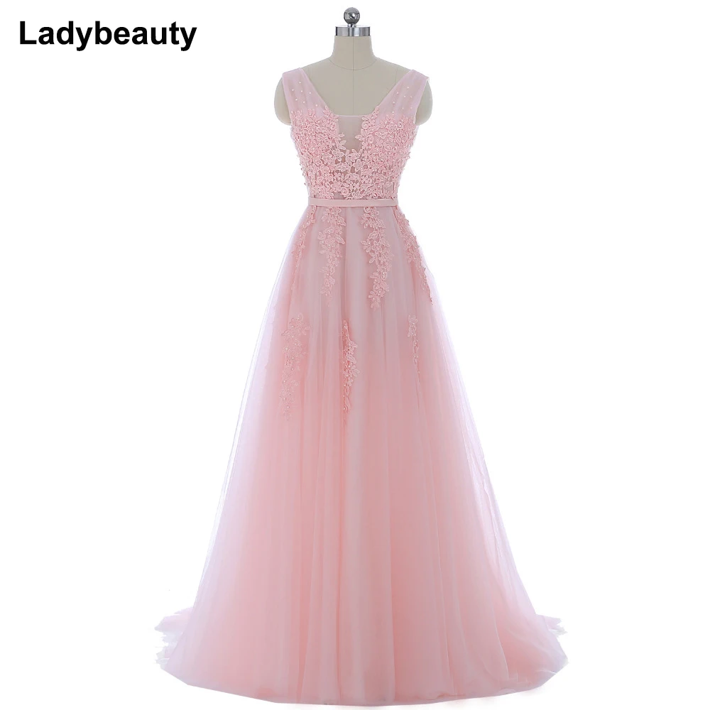 Vestido de festa New Coming Robe De Soiree V Neck with Lace Appliques Long Tulle Party Evening Dresses 2018 Pink Navy Blue Gray Vestido de festa New Coming Robe De Soiree V Neck with Lace Appliques Long Tulle Party Evening Dresses 2018 Pink Navy Blue Gray
