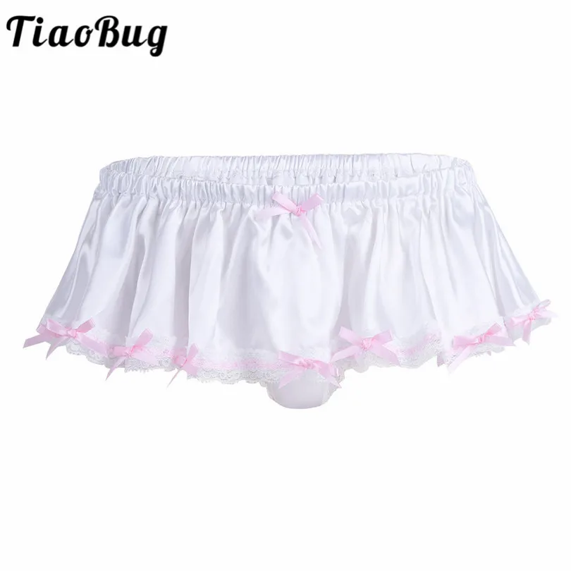 

TiaoBug Ivory Soft Shiny Lace Bowknot Ruffled Skirted Men Lingerie Panties Stretchy Sexy Gay Bikini Briefs Sissy Underwear