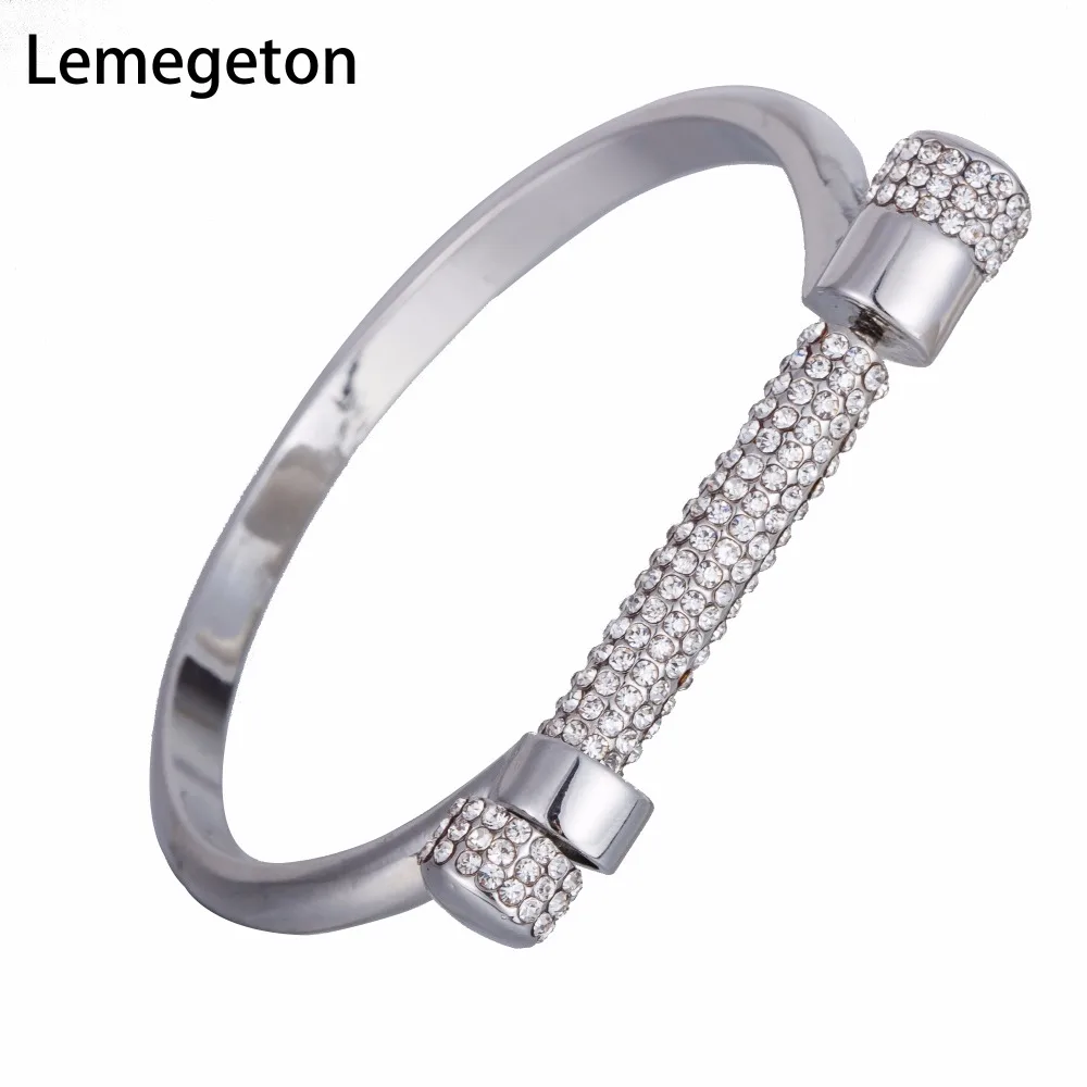 

Lemegeton Hotselling Dropshipping Fast Shipping Rhodium Color Rhinestone Screw Women and Men's Cuff Bangle