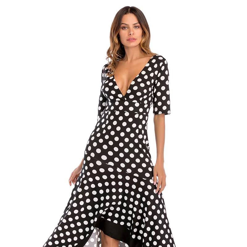 

Summer Beach Dress Boho Maxi Long Dress Party Sundresses Irregular Ruffled Plus Size Dress Deep V-Neck Polka Dot Dresses 2019