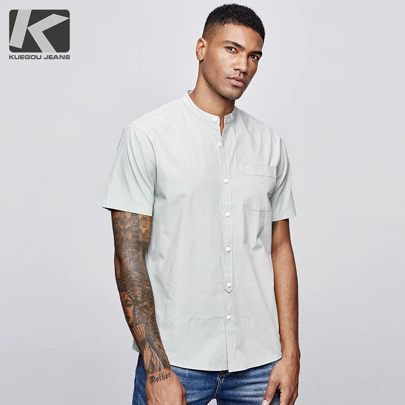 

Summer 2019 Men Shirt 100% Cotton Solid Gray green For Man Fashion Short Sleeve Slim Fit Clothes Male Wear Brand Clothing 09359