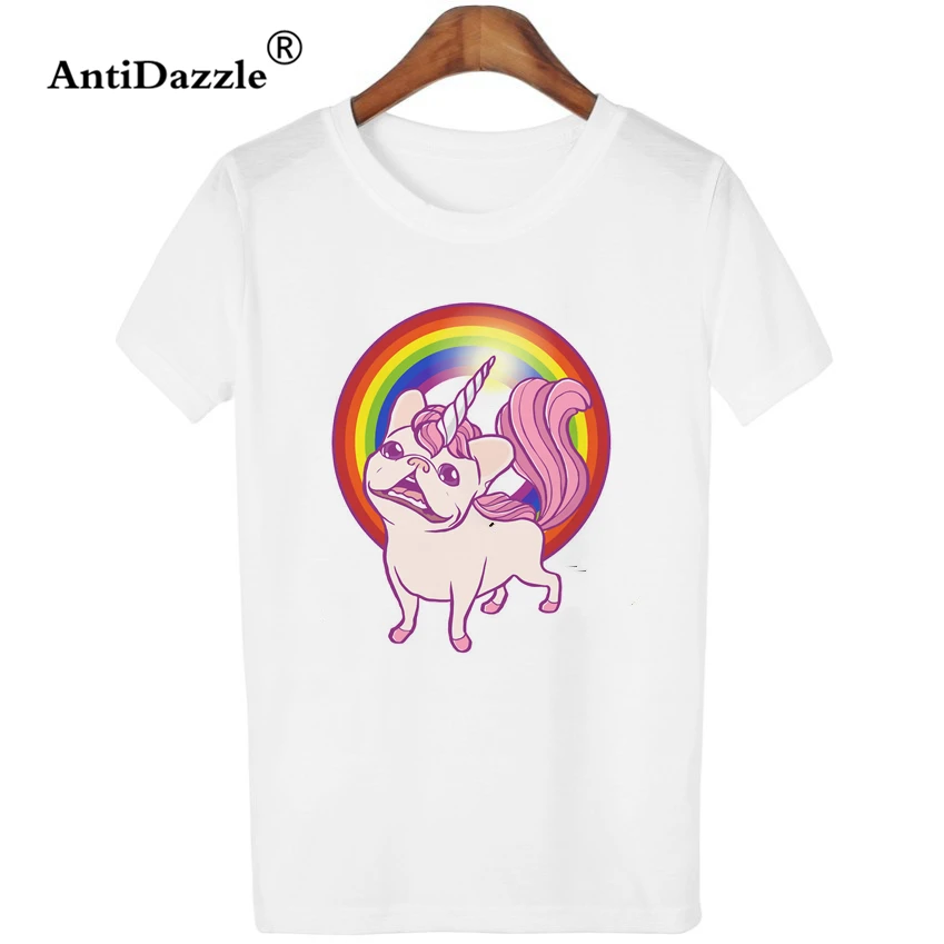 Antidazzle 2017 модная крутая забавная футболка Единорог Frenchie мопс собака животные