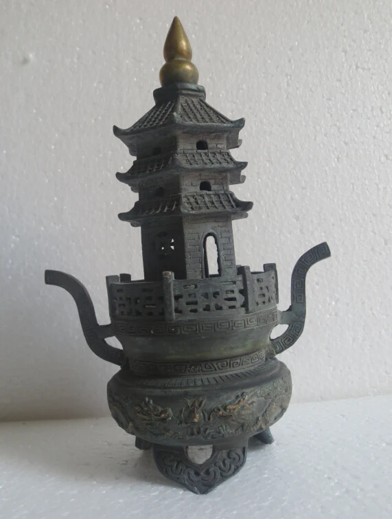 10,5 дюймов высокая Коллекционная китайская, под старину, бронзовая резная Дракон фэн шуй башня ладан горелка