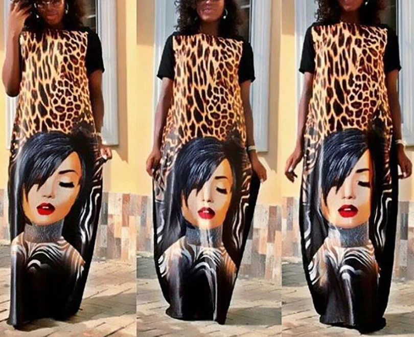 Kostlich Women Dress O-Neck Leopard Beauty Face Print Dress Sexy Women Maxi Long Dresses Plus Size Loose Casual Womens Clothing (25)