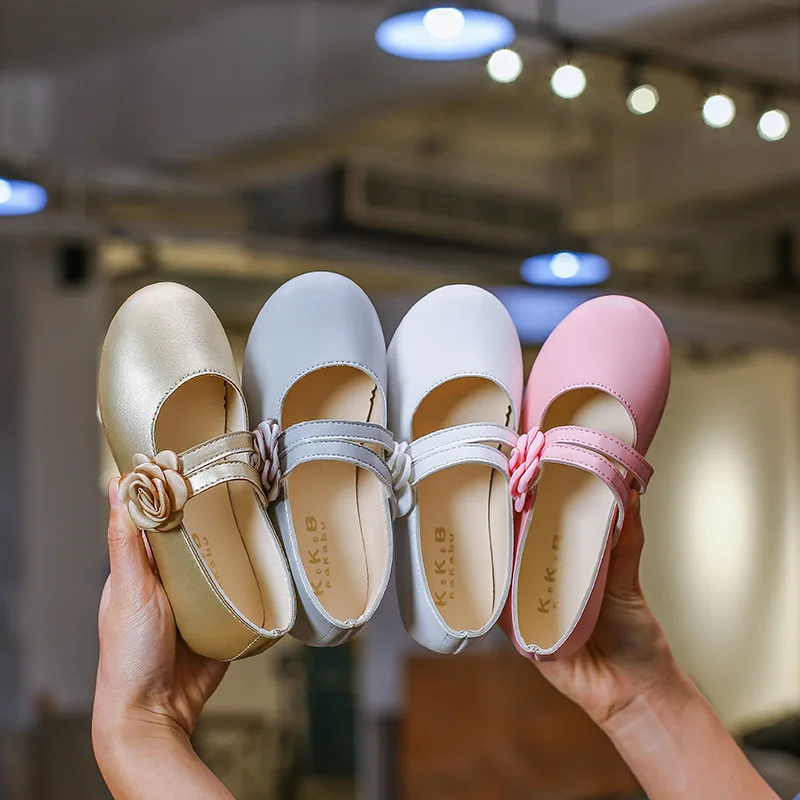 

New Kids Baby Flower Shoes Children Wedding Party Dress Princess Leather Sandal for Teens Girl Dance Shoes White Pink Gold Gray