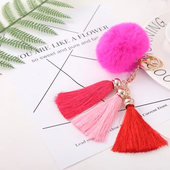

12pcs/dozen Whole Hot Sale Tassel Pompom Rabbit Fur Car Key Ring Pendant Fur Ball Keychain Plush Fur Key Chian EH406C