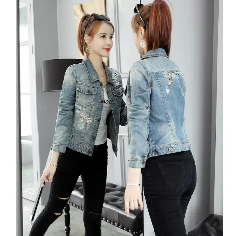 Вышитые короткие джинсовая куртка для женщин Весна Новинка года повседневное модные тонкие с длинным рукавом деним куртка женская верхняя одежда Топ