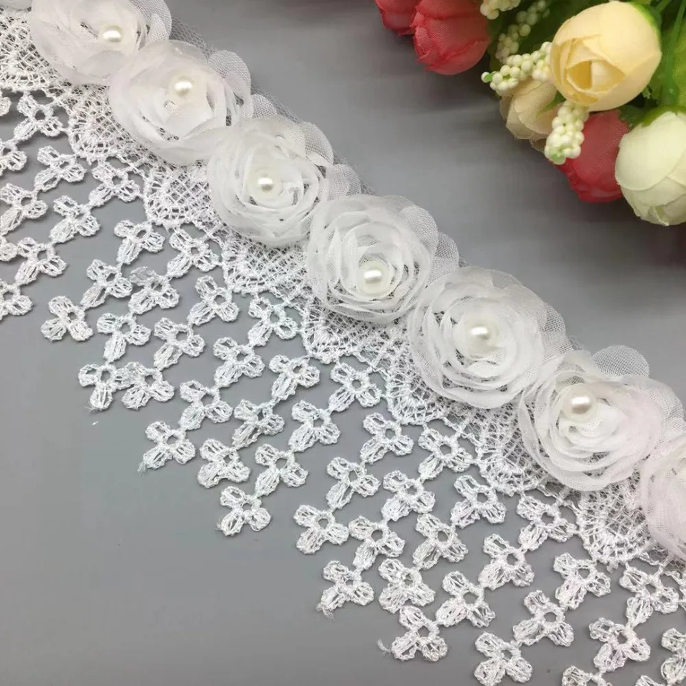 

10 Yards Chiffon 3D Rose Flower Pearl Embroidered Fabric Lace Trim Ribbon Handmade Sewing Supplies Craft For Costume Decoration