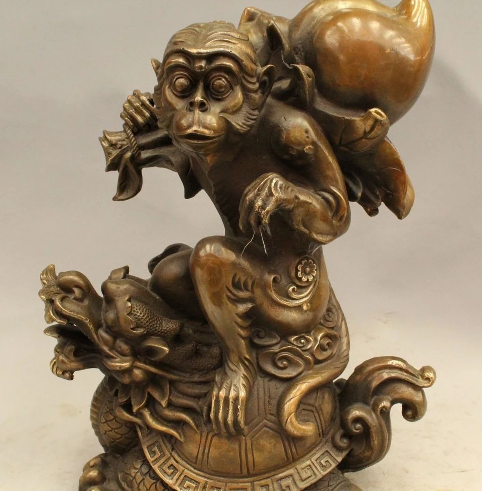 

13"chinese bronze monkey ride dragon turtle tortoise hold peach longevity statue