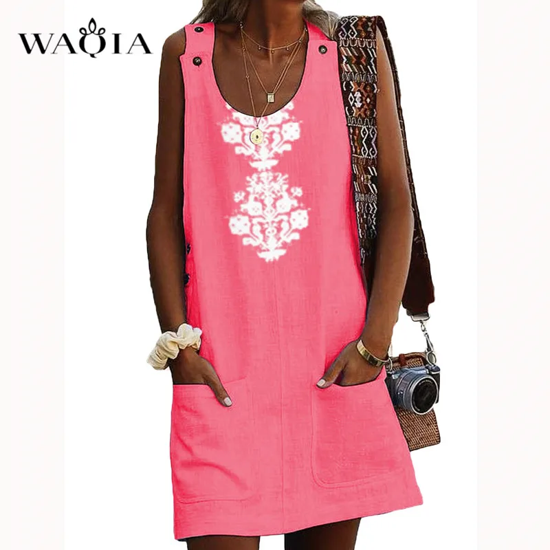 WAQIA 2019 летнее платье женское с цветочным принтом без рукавов Boho короткое пляжное