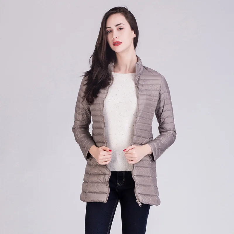 

[Aiweier] Women's Down Jackets Autumn Winter Zipper Stand Collar Long Goose Down Wear Garment Coat Slim Thin Parkas For Female