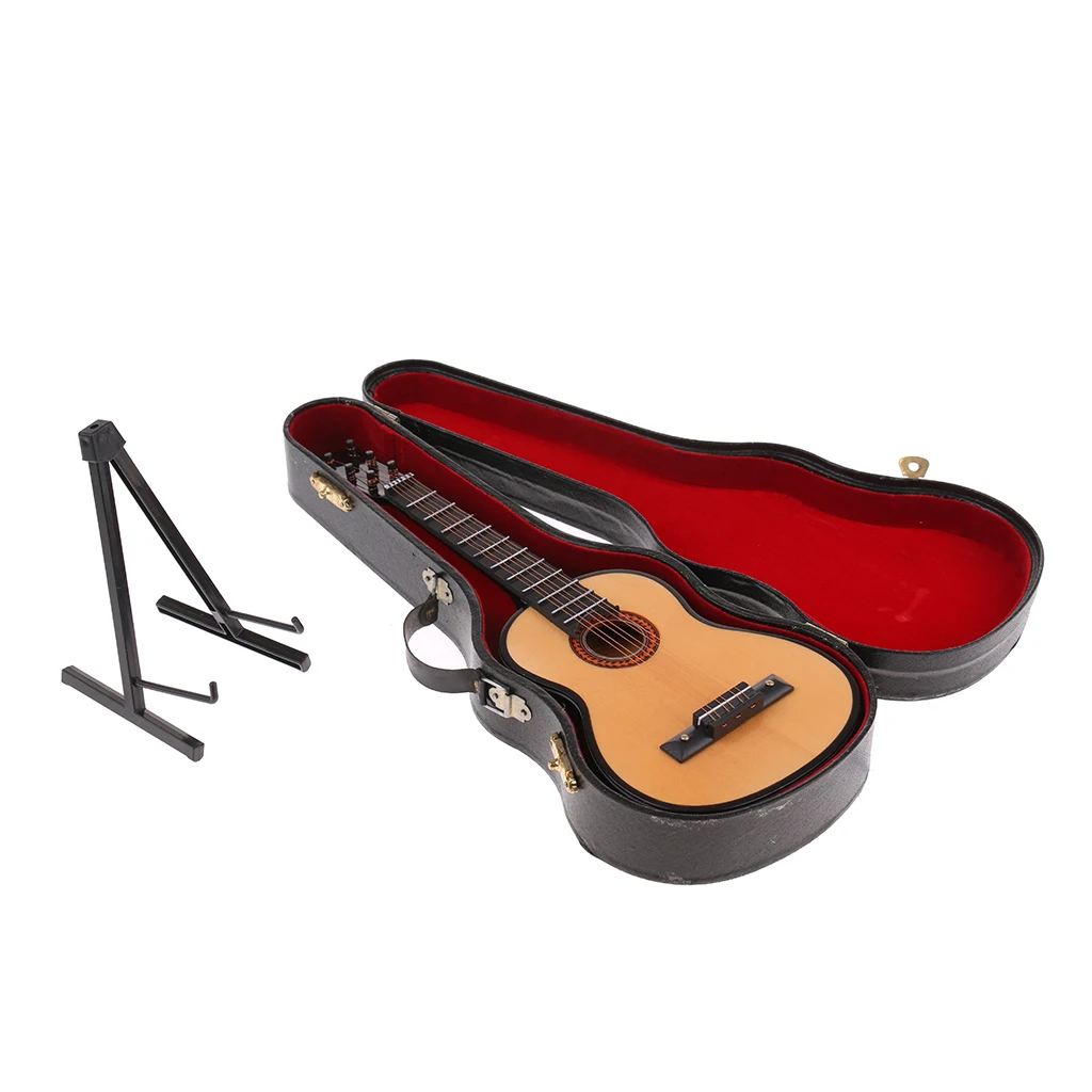 Mini 13cm Wooden Guitar Model PU Box Set For Action Figures Hot Toys Dolls House Miniature Decor