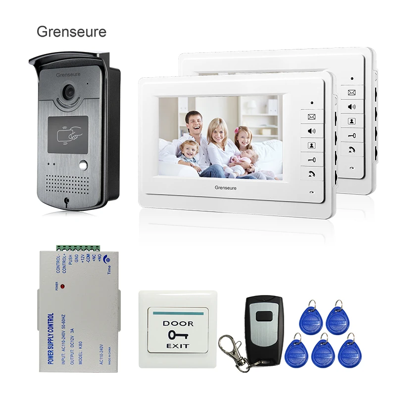 

FREE SHIPPING New 7 inch Color Screen Video Door Phone Doorbell Intercom System 1 RFID Access Camera 2 White Monitors In Stock