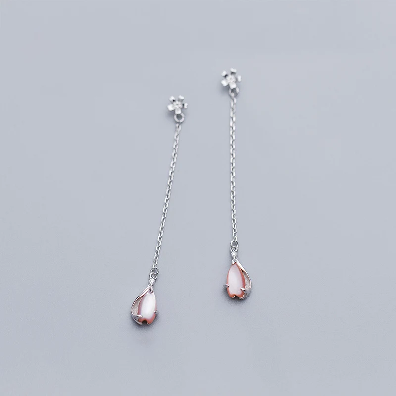 

INALIS New Delicate Chic Design Drop Earrings 925 Sterling Silver Long Chain with Waterdrop Pink Crystal Dangle Brincos Jewelry