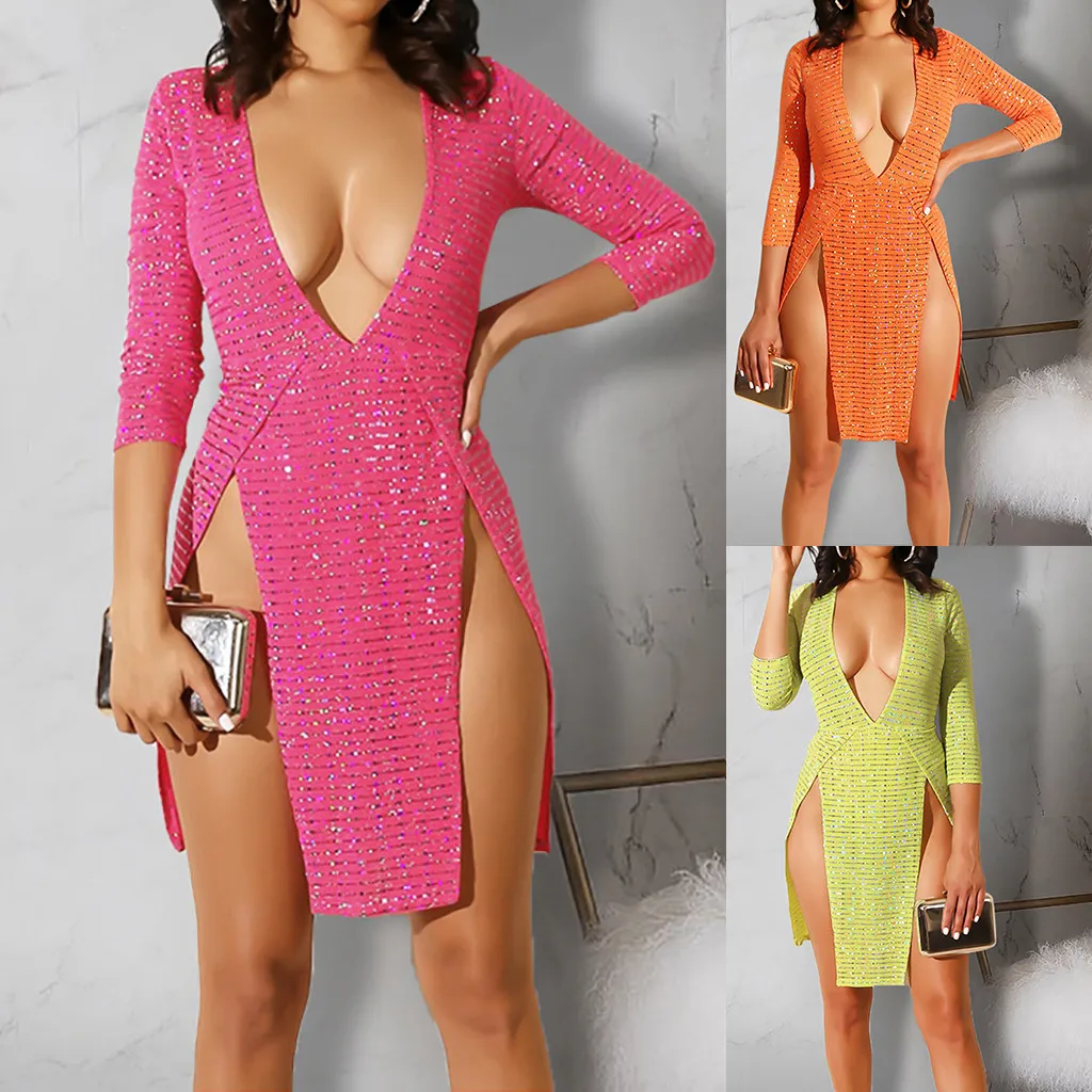 

bodycon dress women summer Naive Shine Elegant Sequin Dress V-neck 3/4 Sleeve Waist Pleated Sheath Sexy Party Dresses