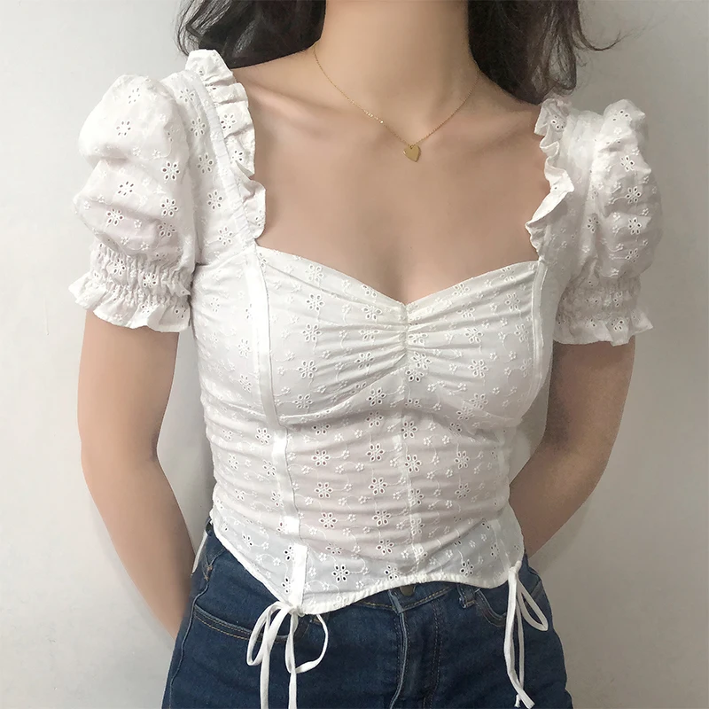 

Women Sweetheart Neck Broderie Top With Puff Sleeve