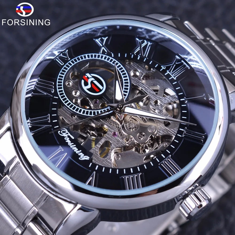 

Forsining Classic Retro Series 3D Logo Display Silver Stainless Steel Skeleton Dial Mens Watch Top Brand Luxury Mechanical Watch