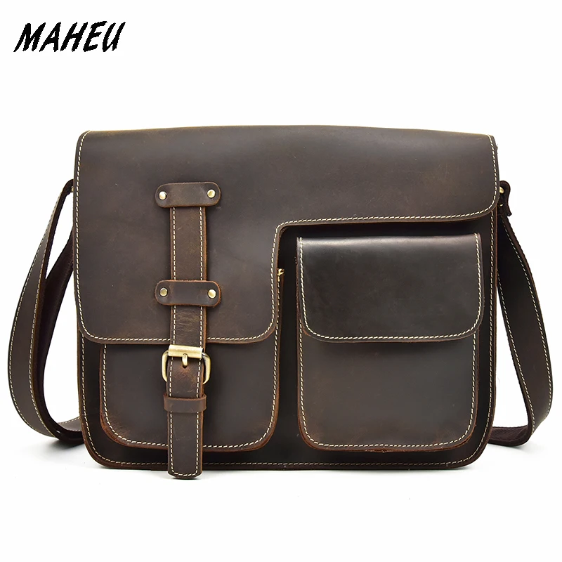 

Men Vintage crazy horse leather messenger bag Genuine leather shoulder bag with big front pocket leather school bag fast post