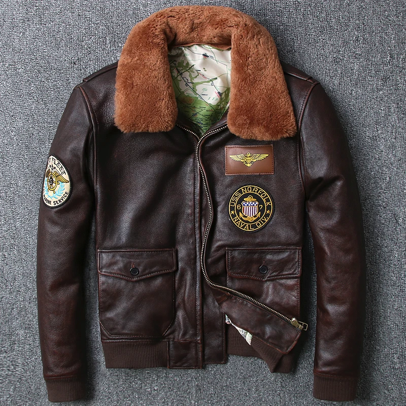 

2018 US air force flight jacket men fur collar genuine leather jacket men brown cow skin bomber jacket for male leather coat men
