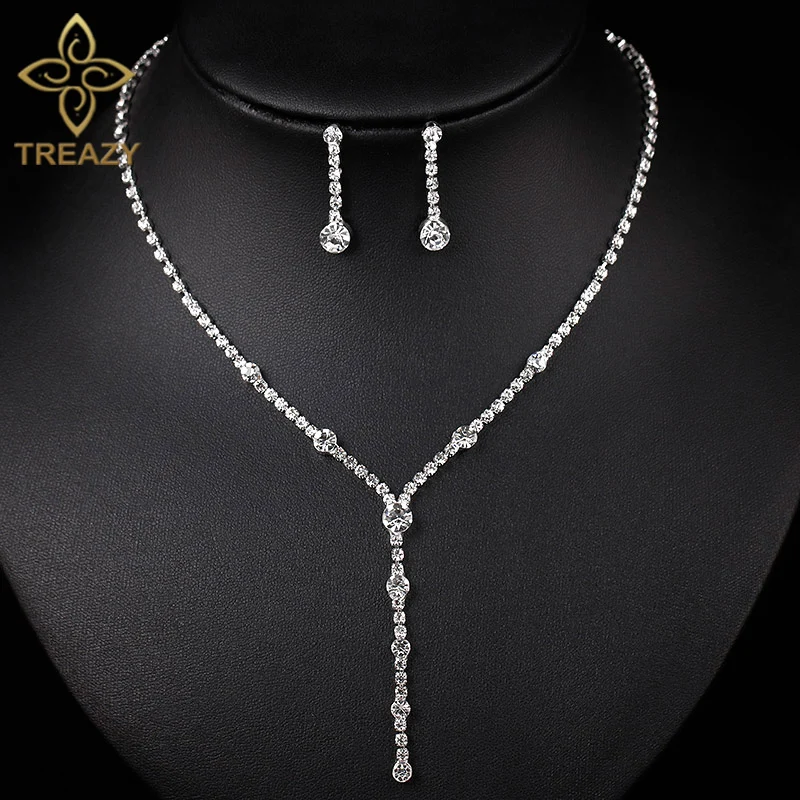 TREAZY посеребренный горный хрусталь кристалл длинное ожерелье Комплект сережек для женщин невесты свадебные ювелирные наборы