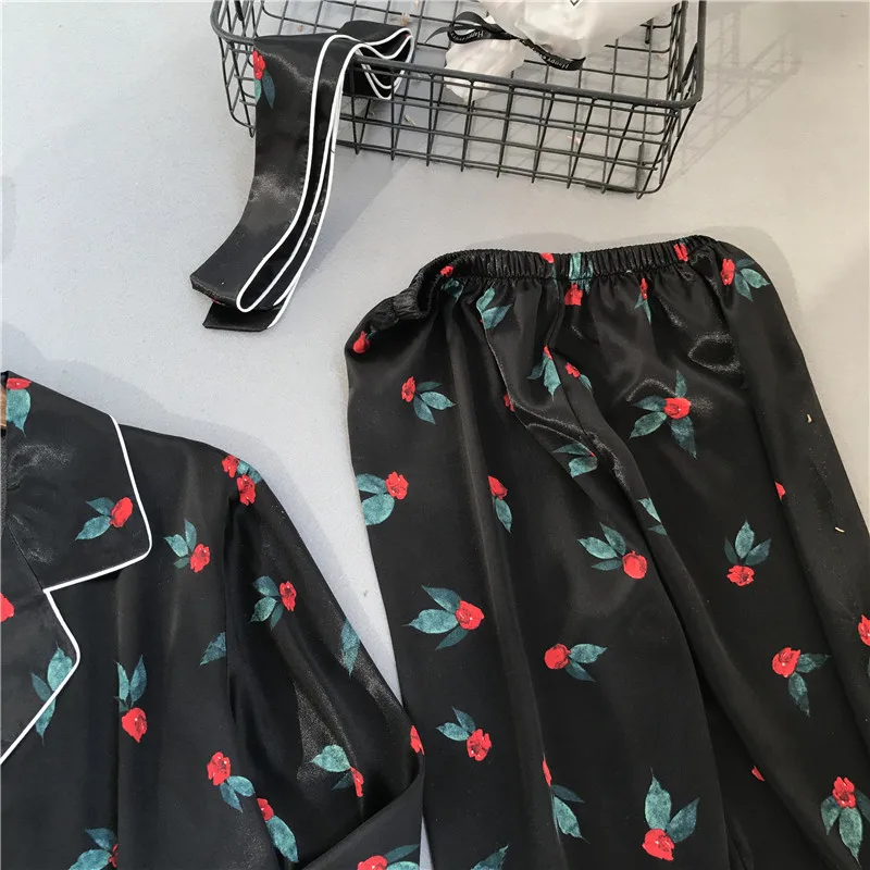 Fdfklak женские пижамы больших размеров, шелковая пижама, весна-осень, с длинным рукавом, с принтом, Женский пижамный комплект, черный комплект одежды для сна Q758