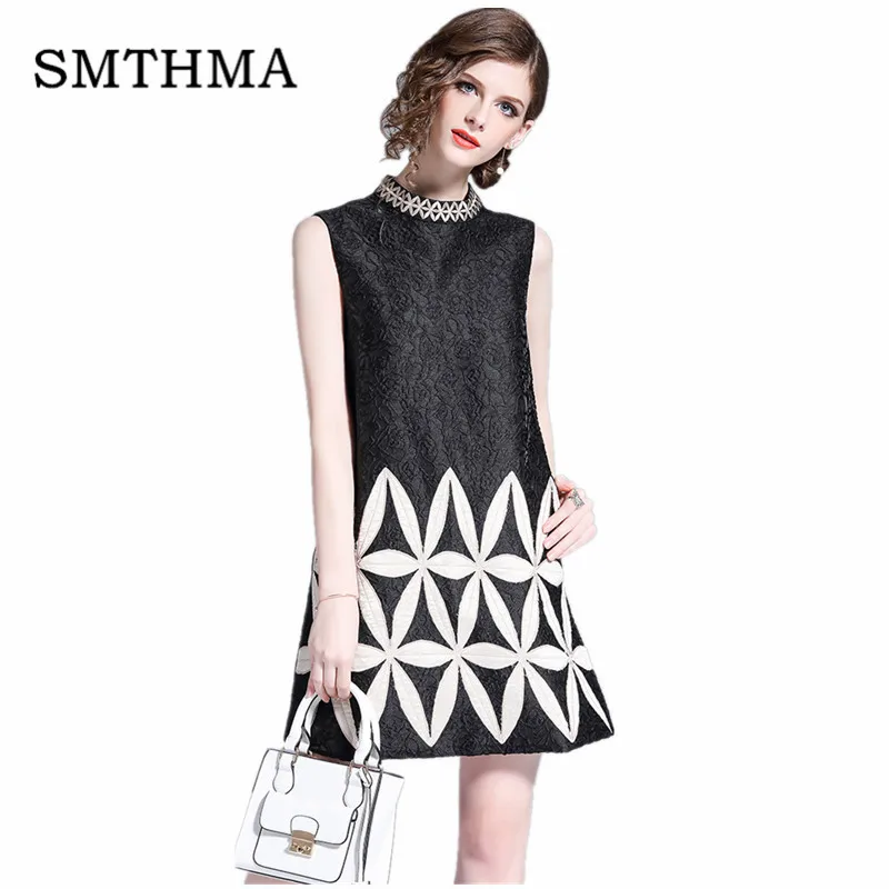 

SMTHMA 2019 new arrival Women Sleeveless round neck high waist Dress Jacquard embroidery flowers summer runway Dress