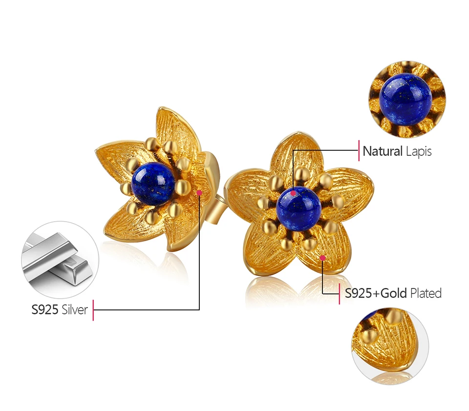 Muduh Collection Real 925 Sterling Silver Natural Lapis Creative Handmade Fine Jewelry Fresh Flower Stud Earrings for Women Brincos