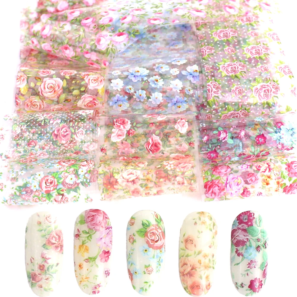 

10 Designs Holographic Flower Nail Foil Set Transfer Nails Stickers Art Floral Prints Mix Decal Slider DIY Manicure Decoration