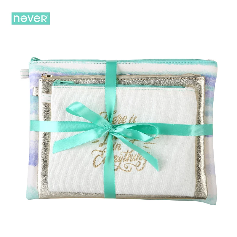 Never Watercolor Collection Cosmetic Bag Set Stationery Sets For Girls Three Bags Set Pu Leather Foil Zipper Bag Gift Stationery