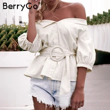 BerrygGo, женская блузка с открытыми плечами, рубашка, пуговицы для блузки, летняя, рукав-фонарик, с поясом, блузка, женская, повседневная, винтажная, топы, новинка
