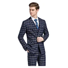 Новое поступление, синий клетчатый смокинг жениха на одной пуговице, костюм для шафера, 3 предмета(куртка+ штаны+ жилет), деловые костюмы