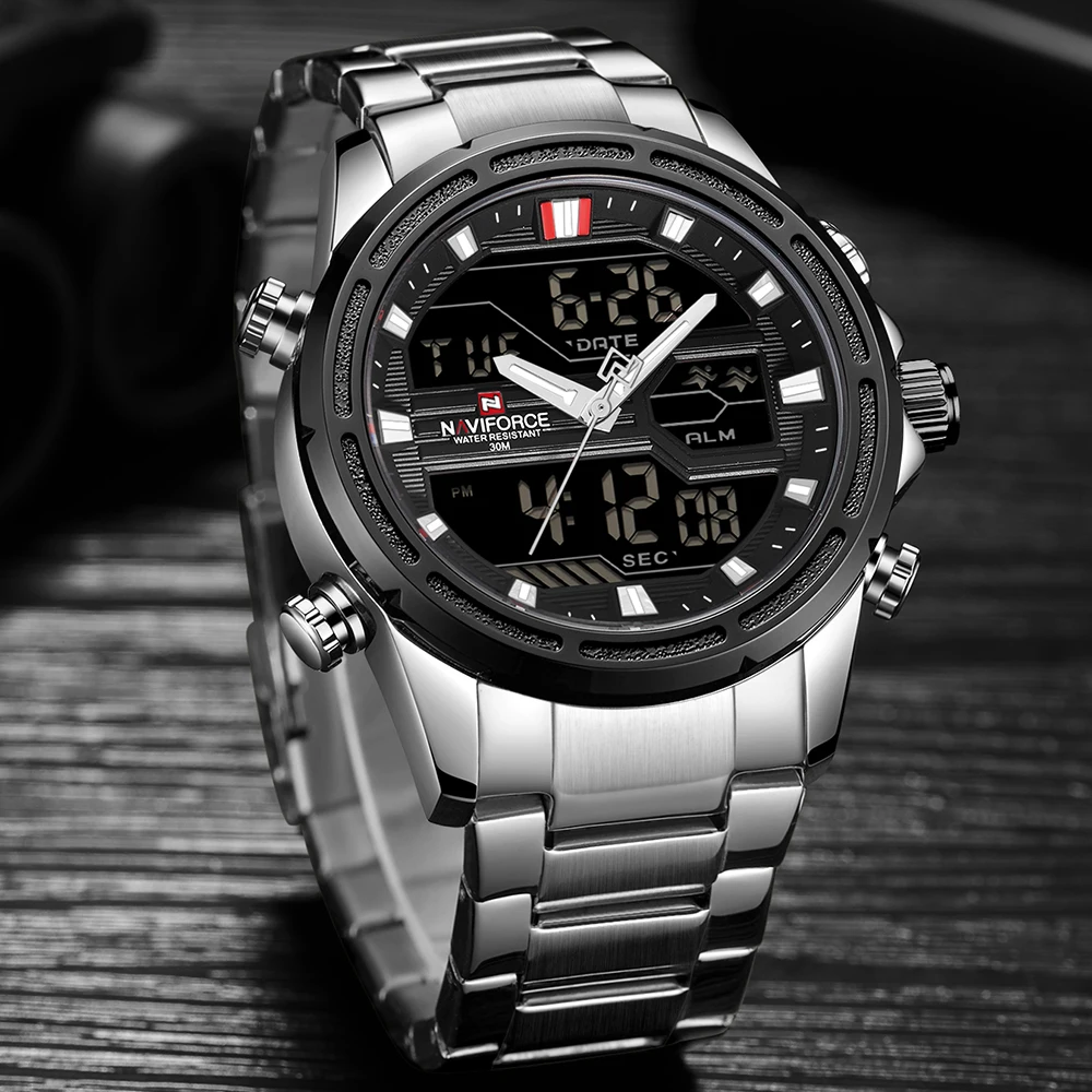 Новые часы Для мужчин Роскошные Топ Марка Naviforce светодиодный Для мужчин спортивные часы Водонепроницаемый полный Сталь кварцевые Для