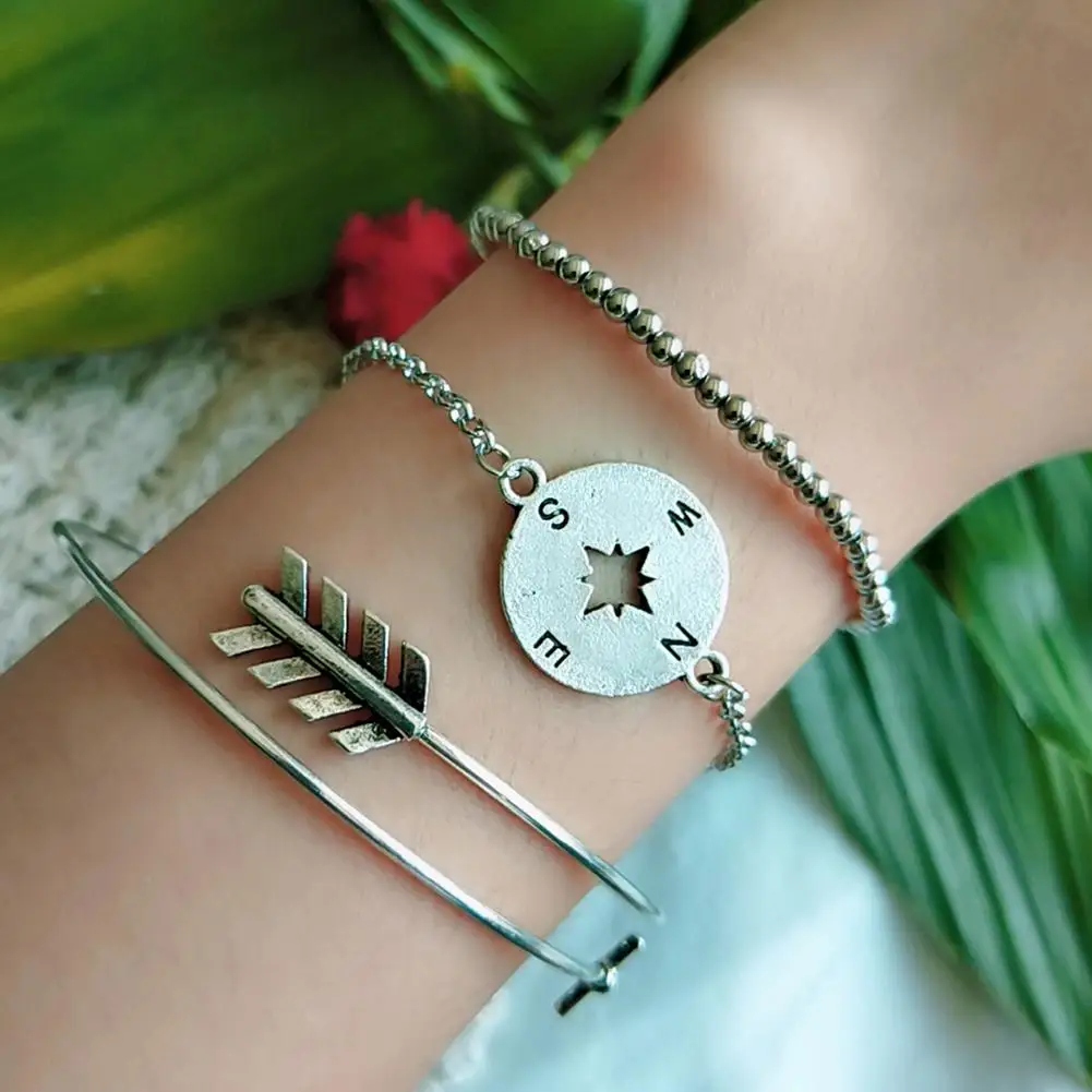 

3Pcs/Set Retro Women Arrow Open Bangle Ball Chain Compass Charm Bracelet Gift hot