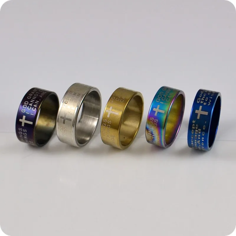 

30x Mixed 5 Colors ENGLISH SERENITY PRAYER Cross Stainless Steel Rings Fashion Religious Jewelry