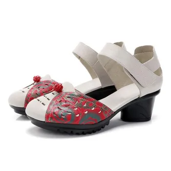 

2020 New Mixed Colors Summer Women Shoes Real Leather Sandals Printing Cowhide Elegant Fashion Sandals Non-slip Thick Heel Shoe