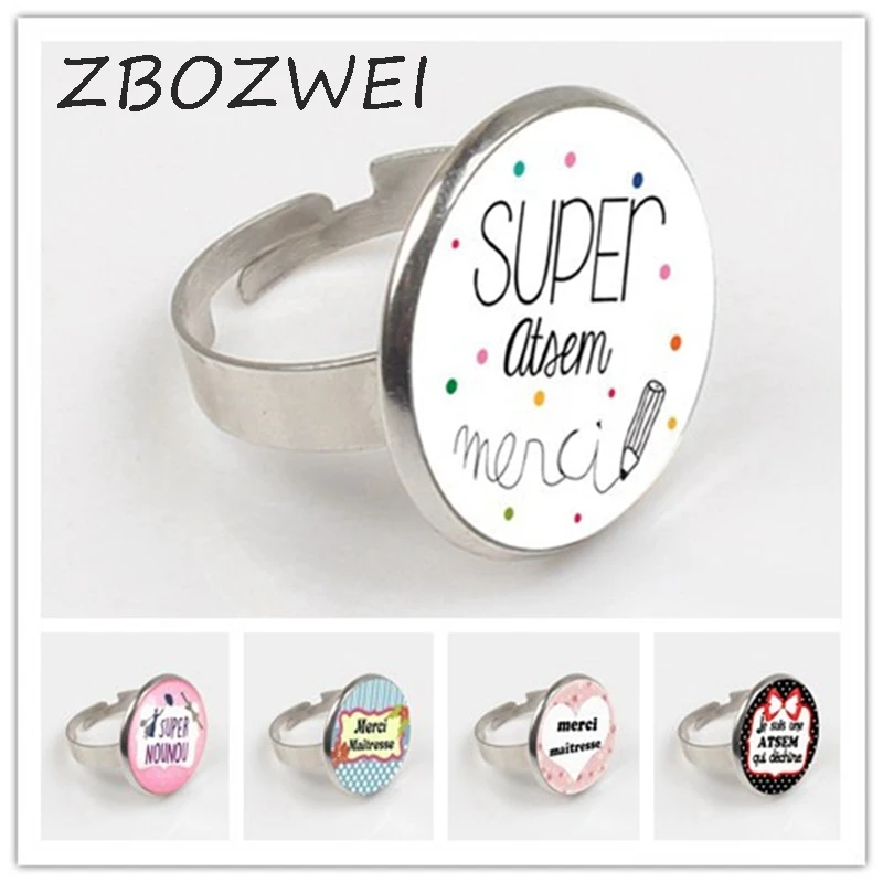 

ZBOZWEI 2018 Merci maitresse Ring holder fashion silver color glass metal Ring for men women jewelry teachers gift