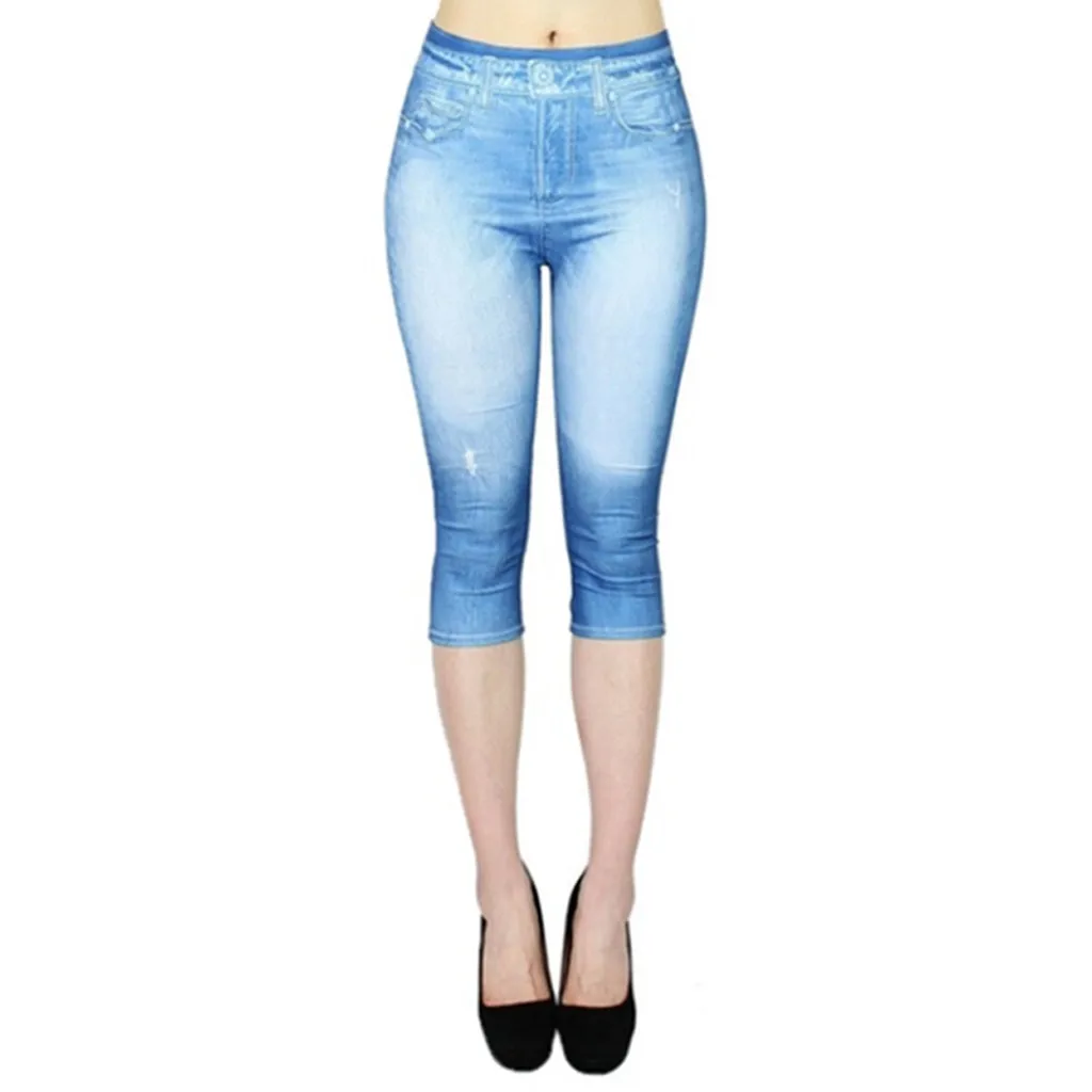 Женские леггинсы с высокой талией, джинсовые, с принтом, эластичные, длиной до середины икры, штаны для йоги, Joggng, женские леггинсы для тренировок, фитнеса, спортивные штаны - Цвет: Небесно-голубой