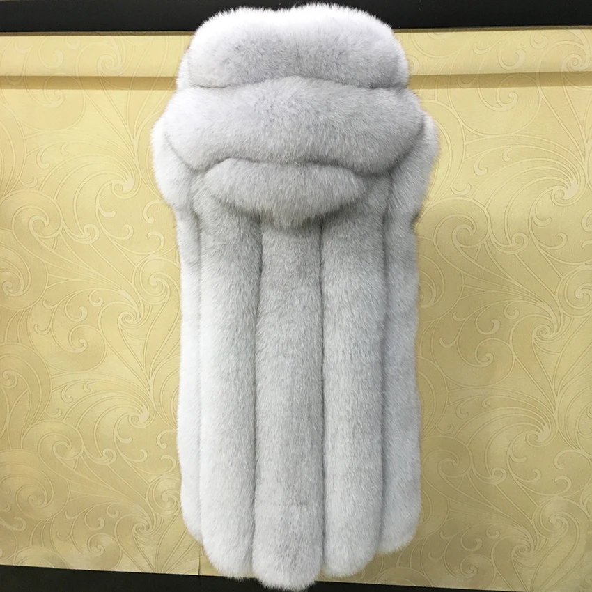 

Genuine Fox Fur Vest Coat for Women Striped Slim Thick Hooded Coats of Fur Russian Winter Warm 70cm Women's Fur Coat S-3XL