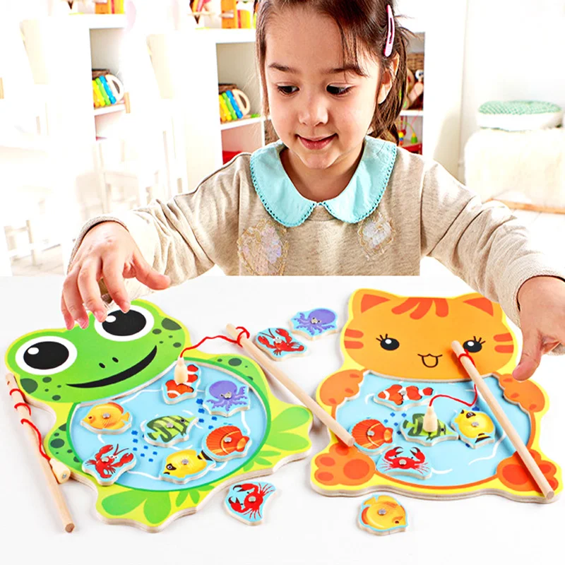 Kids Fishing Game Board with Rod Cartoon Frog Cat Fishing Game Toys Child Wooden Puzzle