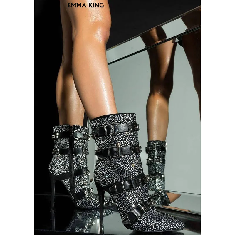 

Rhinestone Spiked Studded Buckle Straps Pointed Toe Boots Women Stiletto Heels Inside Zip Mid Calf Height Heeled Booties Women